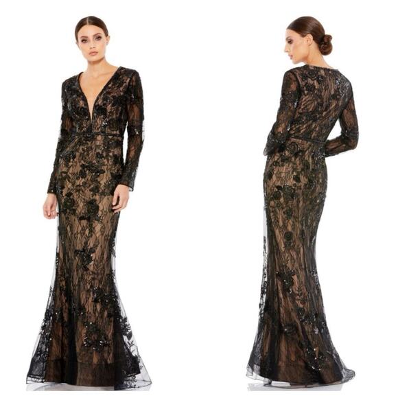 Mac Duggal Embellished Long Sleeve Plunge Neck Trumpet Gown Black Nude SZ 12 NWT - Picture 1 of 12